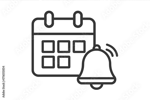 Calendar reminder icon with ringing bell for appointment notification. Schedule, event, and deadline symbol. Time management and planning concept. Date alert vector illustration.