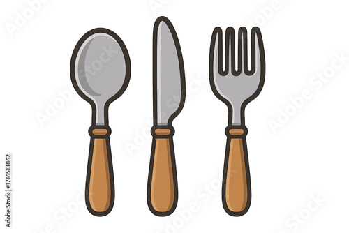 Cartoon vector illustration of spoon, knife, and fork tableware set. Kitchen utensils with wood handles. Isolated objects for restaurant, cafe, dining, cooking, menu, clipart, digital design, cutlery.
