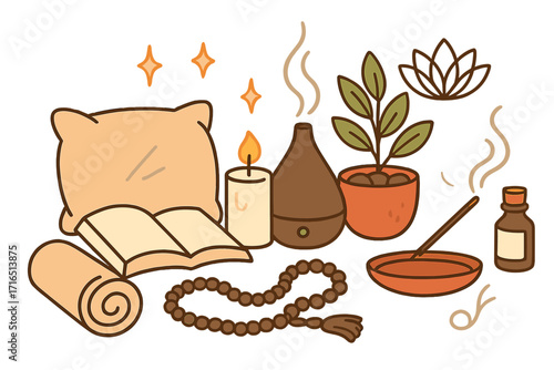 Relaxing wellness setup for mindfulness and self-care. Cozy atmosphere with essential items for meditation, yoga, and aromatherapy. Mental health and spiritual balance concept.