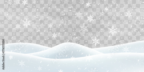 Vector heavy snowfall with snowbanks field. Snow landscape decoration, frozen hills isolated on png background. Snow flakes, snow and blizzard falling on snowdrifts. Christmas vector illustration