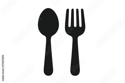 Black Silhouette Spoon and Fork Tableware Vector Icon Set, Kitchen Utensil Illustration, Simple Minimalist Cutlery Clipart, Dining, Cooking Tools Isolated on Transparent Background
