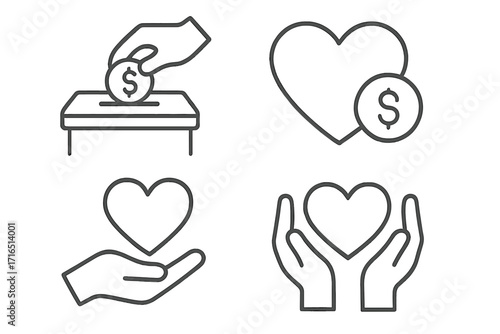 Charity and donation linear icon set. Vector outline illustration of giving money, help, and support. Concepts for fundraising, non-profit, volunteering, care, and love.