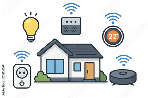 Smart home automation concept with house and connected devices. Internet of things, wireless technology for energy efficiency. Vector icons of light, speaker, thermostat.