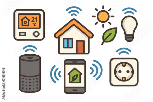 Smart home technology vector icon set. Wireless house automation system with phone control. Internet of Things concept with smart speaker, thermostat, and lightbulb. Energy saving.