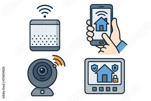 Smart home technology vector icon set. Home automation system with remote control via smartphone. Security camera, smart speaker, IoT devices for modern connected living.