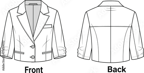Women’s blazer jacket fashion flat sketch with front and back views, notched lapel, three‑quarter sleeves, flap pockets, and detailed topstitching illustration