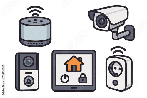 Smart home technology icon set. Vector collection of home automation and security system devices. Includes smart speaker, security camera, video doorbell, and control tablet.