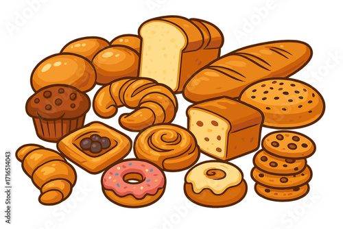 Delicious assortment of bakery products, fresh bread loaf, pastries, donuts, cookies, croissants, muffins, vector cartoon illustration, sweet treats variety, dessert selection, transparent background