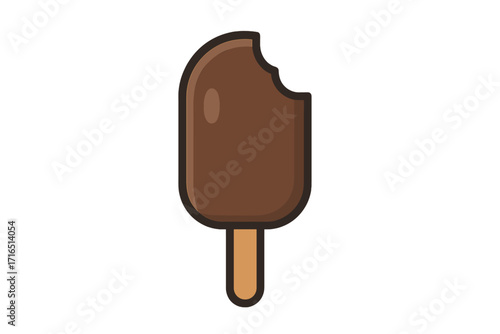 Bitten chocolate ice cream bar on a stick. Frozen dessert popsicle vector illustration. Summer food icon. Sweet cocoa gelato snack cartoon. Flat design graphic element.