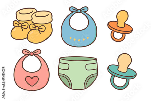 Baby essentials set with cartoon booties, bibs, pacifiers, diapers. Cute vector illustration of newborn accessories, playful nursery items for infant care, isolated transparent background graphic.