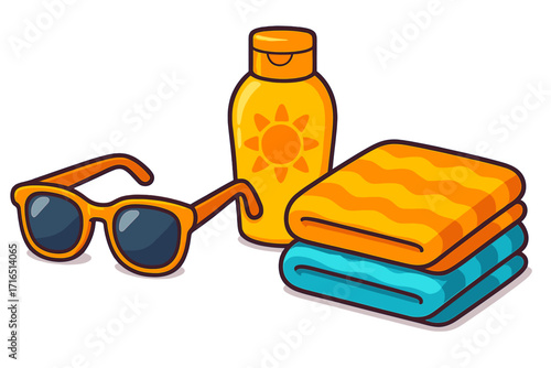Summer beach vacation essentials icon set. Sun protection items concept with sunglasses, sunscreen lotion, and folded towels. Holiday and travel accessory pack. Flat cartoon vector.