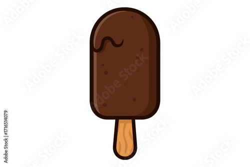 Chocolate ice cream on a stick. Vector illustration of a popsicle in a flat cartoon style. Frozen dessert icon for summer. Sweet food, choc-ice, ice lolly, fudge bar.