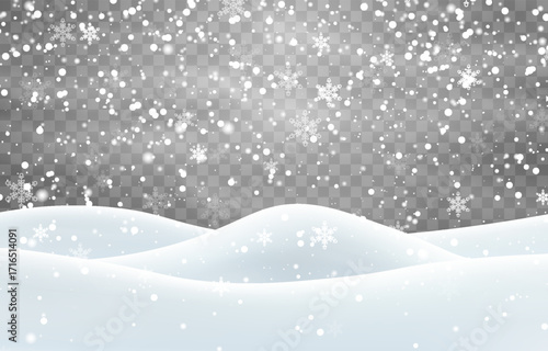 Vector heavy snowfall with snowbanks field. Snow landscape decoration, frozen hills isolated on png background. Snow flakes, snow and blizzard falling on snowdrifts. Christmas vector illustration