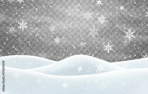 Vector heavy snowfall with snowbanks field. Snow landscape decoration, frozen hills isolated on png background. Snow flakes, snow and blizzard falling on snowdrifts. Christmas vector illustration
