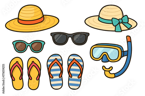 Summer beach vacation essentials icon set. Sun hat, sunglasses, flip flops and snorkeling gear. Travel holiday accessories collection. Sea diving equipment. Flat cartoon vector.