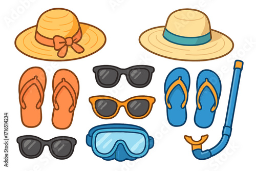 Summer beach vacation essentials icon set. Vector cartoon of travel holiday items like sun hat, sunglasses, flip flops, and snorkeling gear. Flat lay design collection.
