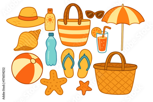 Summer vacation beach day essentials set. Collection of cartoon vector icons for travel and holiday. Includes sun hat, bag, umbrella, ball, flip flops, and sunscreen.