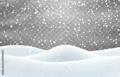 Vector heavy snowfall with snowbanks field. Snow landscape decoration, frozen hills isolated on png background. Snow flakes, snow and blizzard falling on snowdrifts. Christmas vector illustration