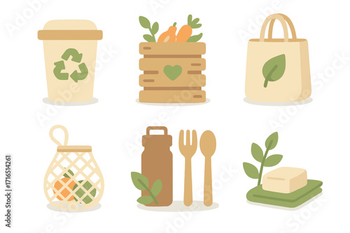Eco friendly zero waste lifestyle vector icon set. Sustainable living tools for green habits. Reusable bag, coffee cup, cutlery, and compost bin flat illustrations.