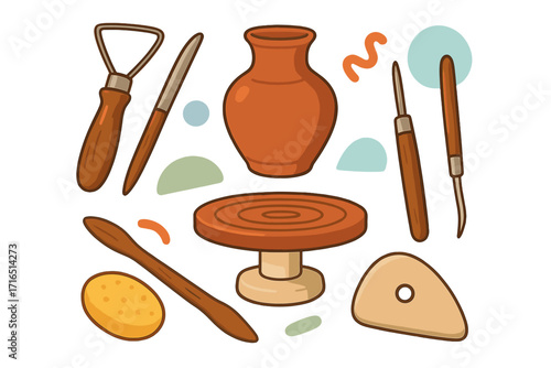 Pottery tools vector cartoon set for crafting ceramics. Clay sculpting equipment collection with potter's wheel, pot, and modeling instruments for a creative workshop or hobby.