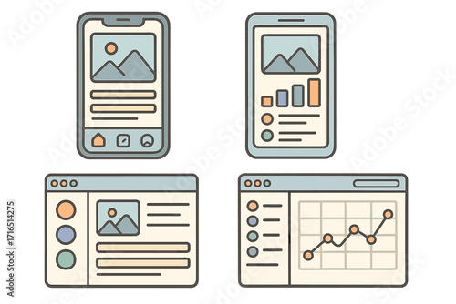 Modern user interface design concepts for mobile and desktop application layouts. Vector cartoon UI set with dashboard, analytics, profile elements, graphical icons and transparent background.