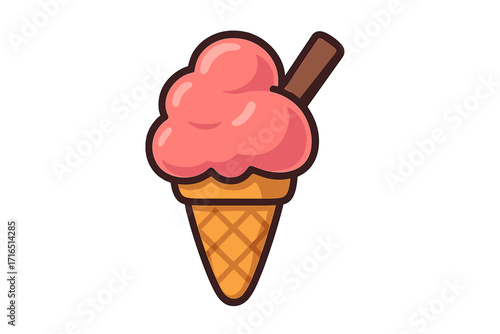 Ice cream cone vector icon. Cute cartoon strawberry gelato in a waffle cone with a chocolate stick. Simple pink scoop dessert symbol. Summer food frozen treat illustration.