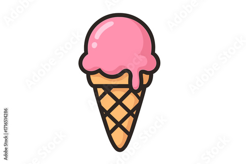 Ice cream cone vector icon. Pink strawberry scoop in a waffle cone. Summer dessert food concept. Isolated graphic illustration for design, logo or menu. Cute cartoon style.