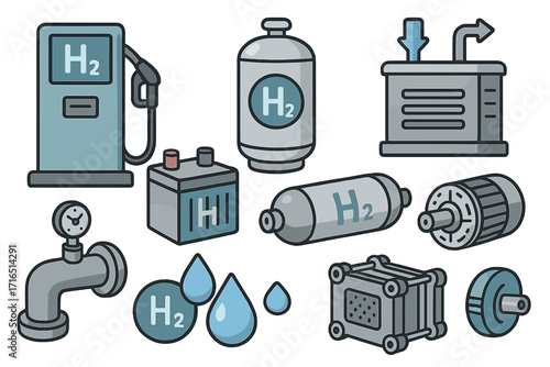 Hydrogen fuel technology equipment components vector. Gas station pump, storage tank, hydrogen battery, electrolyzer, pressure gauge, water droplets, motor, fuel cell. Clean energy system concept