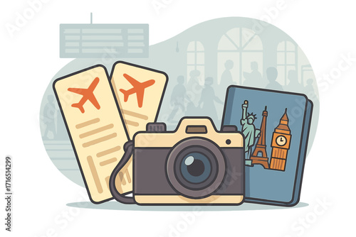 Travel and tourism concept with vacation essentials. Vector illustration of passport with world landmarks, camera, and flight tickets. International trip or journey concept.