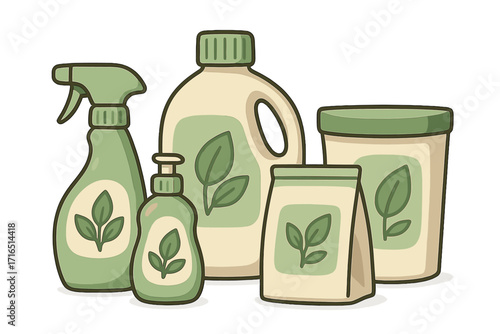 Eco-friendly cleaning products collection with green branding, sustainable household supplies, natural detergents, biodegradable cleaners, eco-conscious lifestyle vector illustration