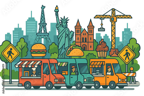 Food truck festival in city with landmarks. Street food market with burger, taco, cupcake van. Urban life with New York, Paris skyline. Vector cartoon illustration concept.