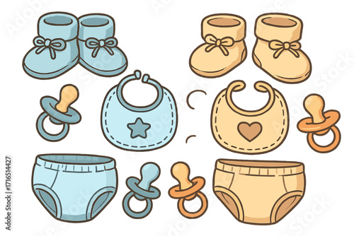 Baby essentials vector cartoon set with booties, bibs, pacifiers, and diapers in playful arrangement for newborns and infants. Cute colored illustration. Transparent background for easy use.