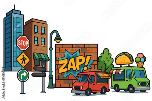 Vibrant urban cityscape with food trucks, street art, and signs. City life concept with buildings, street food, and graffiti. Vector cartoon pop art illustration isolated.
