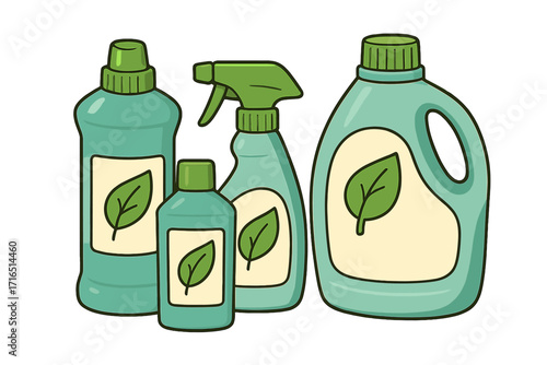 Eco-friendly cartoon cleaning product bottles and spray with leaf labels. Vector illustration with transparent background. Sustainable household supplies set. Organic detergent packaging concept.