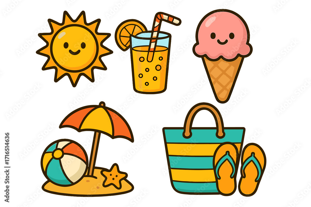 Fototapeta premium Cute summer beach icon set. Kawaii cartoon vector collection for holiday and vacation. Includes sun, ice cream, drink, beach ball, umbrella, bag, and flip flops. Happy travel elements.