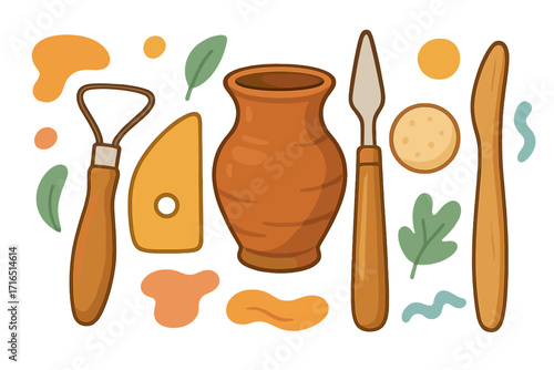 Pottery tools set for ceramics hobby and clay sculpting art. Handmade craft workshop equipment with pot, loop tool, rib for modeling. Creative handicraft concept vector.