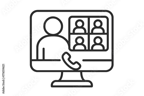 Video conference call icon. Online meeting for business communication. Virtual team collaboration, remote work webinar. Group of people on computer screen vector illustration.