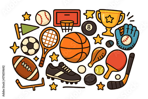 Cartoon sport equipment doodle set. Vector collection of game items for basketball, football, soccer, baseball, tennis. Playful sport competition icons and sticker elements.