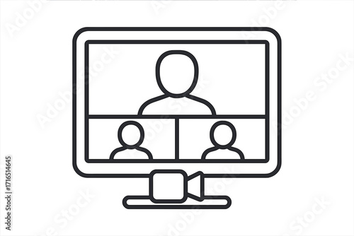 Video conference line icon. Online meeting, webinar, or remote work concept. Virtual business team communication via computer screen. Digital collaboration technology vector.