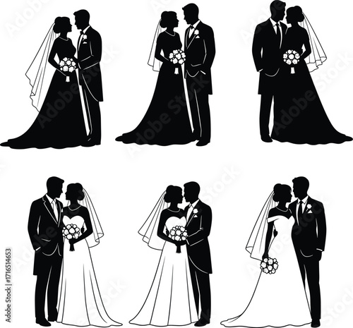 Wedding couple silhouette vector illustration showing bride and groom in romantic poses, love, marriage, ceremony, celebration, romance, affection, happiness, union