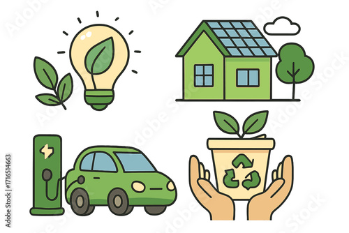 Set of ecology icons. Sustainability concept. Eco friendly, green energy, recycling, nature conservation. Electric car, solar panel house, lightbulb with leaf. Vector.
