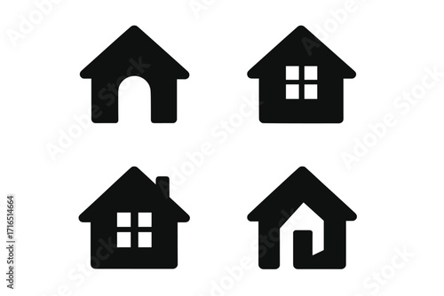 Set of black house icons. Simple home silhouette collection for real estate logo or web button. Vector graphic design element. Minimalist property symbol pictogram for website UI.