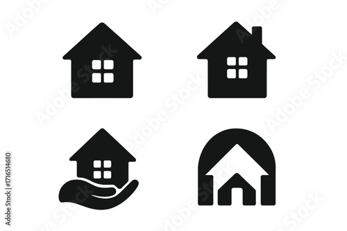 Set of house icons for real estate business. Home symbol collection for property logo design. Vector graphic element for mortgage, insurance, or construction company branding.
