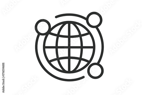 Global network connection icon. Worldwide internet technology symbol. Globe with orbit and satellites. International communication and data transfer vector illustration line art.