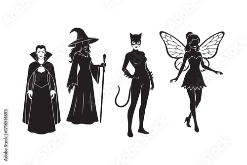 Black silhouettes of vampire witch catwoman and fairy