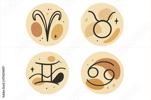 Zodiac signs icon set. Aries, Taurus, Gemini, Cancer horoscope symbols. Astrology concept vector illustration. Abstract boho contemporary aesthetic design for social media.