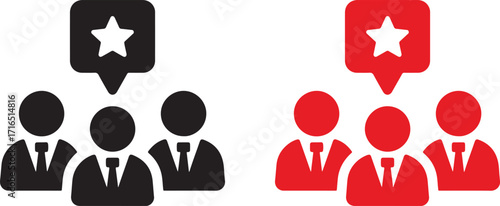 team, recognition, star, achievement, success, award, leader, group, people, employees, management, feedback, idea, communication, icons, symbols, black, red, flat design, simple, graphic, visual, bus
