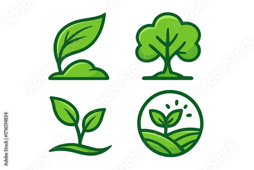 Nature icon set with tree, plant sprout, and leaf. Green ecology, organic, and bio symbols for logo design. Vector illustration of growth and environment concepts.