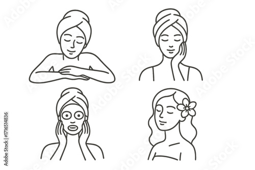 Woman face beauty spa line icon set. Girl skincare routine, facial mask treatment and relaxation. Vector illustration for wellness and self-care concepts. Minimal outline portraits.