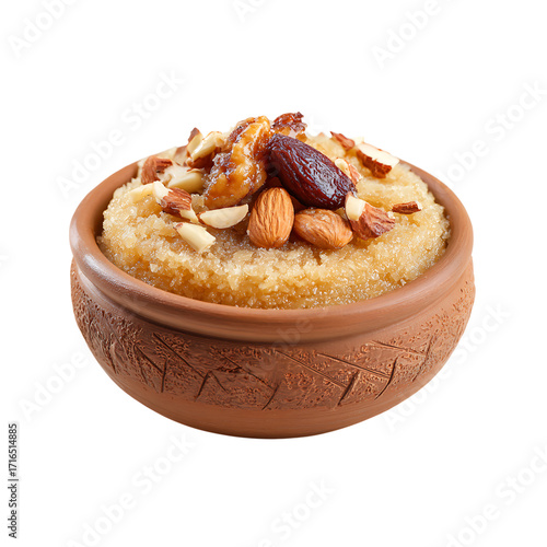 Indulge in a decadent bowl of sweet semolina halwa topped with almonds dates and pistachios a rich dessert delight